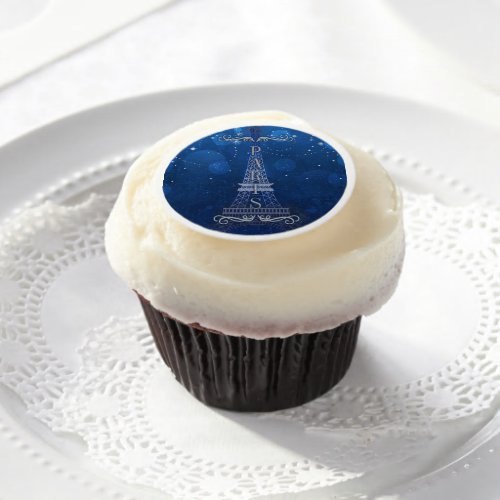 Night In Paris Under the Stars Blue Silver Party Edible Frosting Rounds