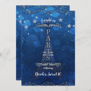 Night In Paris Under the Stars Blue Silver Party Invitation