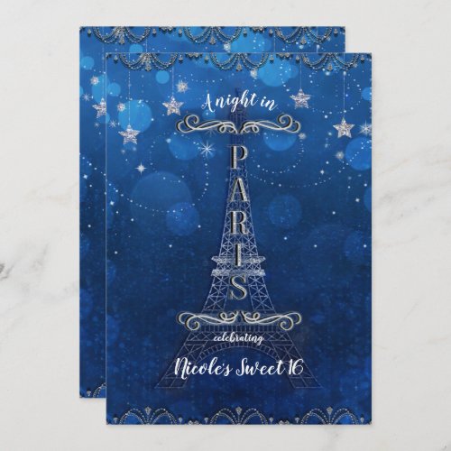 Night In Paris Under the Stars Blue Silver Party Invitation