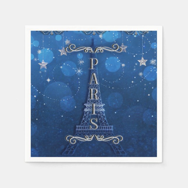 Night In Paris Under the Stars Blue Silver Party Napkins (Front)