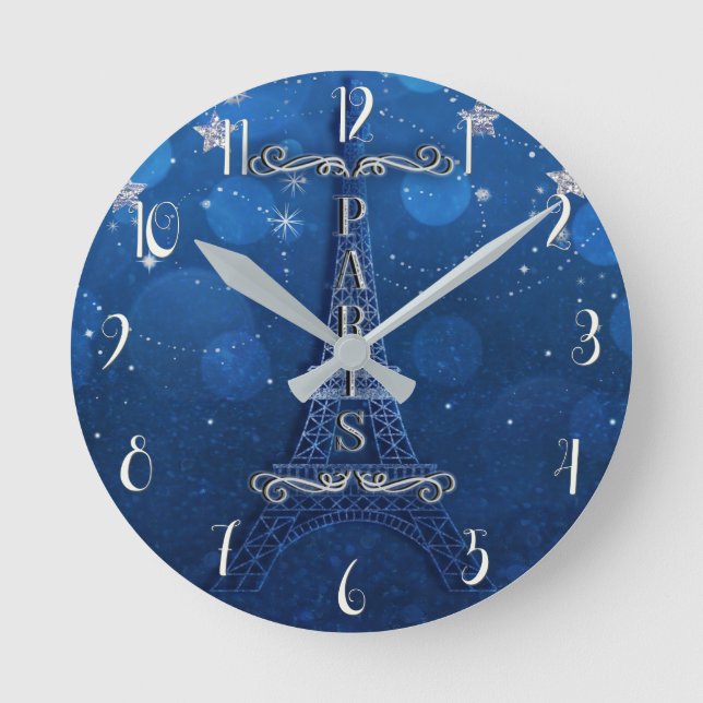 Night In Paris Under the Stars Whimsical Round Clock (Front)