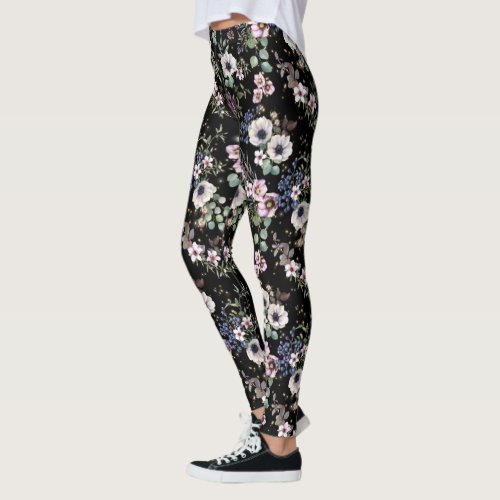 Night in the Garden Black White and Pink Floral  Leggings