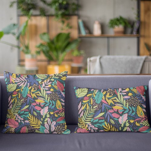 Night Jungle Colorful Exotic Botanical Pattern Accent Pillow