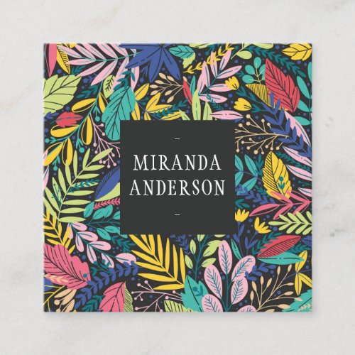 Night Jungle Colorful Exotic Botanical Pattern Square Business Card