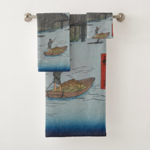 Night Kyobashi Bridge Vintage Ukiyo-e Japanese Art Bath Towel Set
