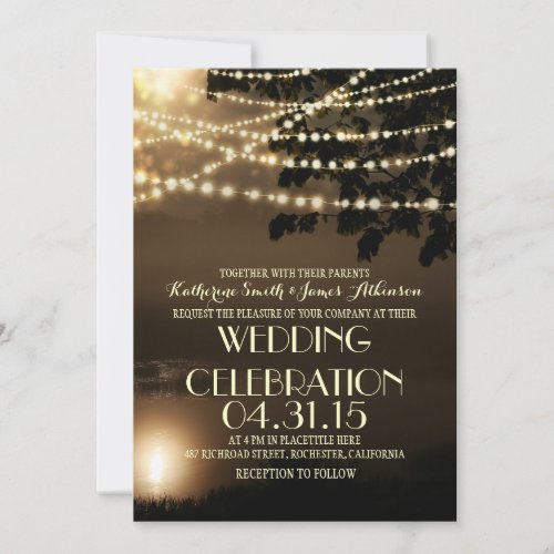 night lights nature inspired wedding invitation - Rustic wedding set for summer, fall, spring or winter wedding! Perfect design for vintage country wedding with strings of lights, river, lake and tree. Moon fog and night / evening nature inspired wedding invitation. Please contact me if you need help with customization or have a custom color request. -----------If you push CUSTOMIZE IT button you will be able to change the font style, color, size, move it etc. it will give you more options! 


  
  


 
  


 
