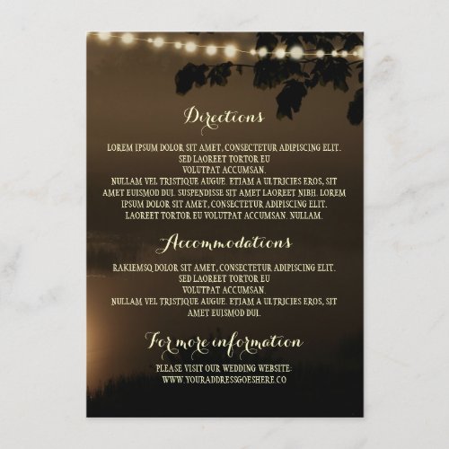 Night Lights Nature Wedding Details Enclosure Card - Wedding directions - accommodations and information cards / Guest Information card / Wedding Details cards with string of lights and romantic night silhouettes.