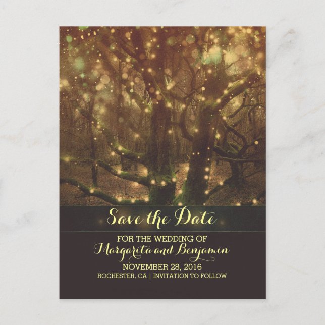 Night Lights Trees Rustic Save The Date Postcards (Front)