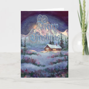 NIGHT LOG CABIN by SHARON SHARPE Holiday Card
