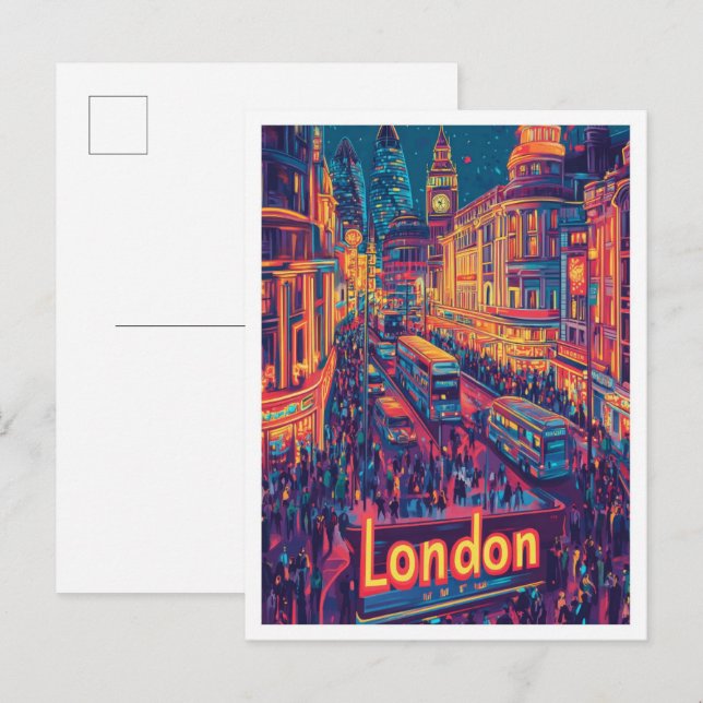 Night London England Vintage Travel Illustration Postcard (Front/Back)