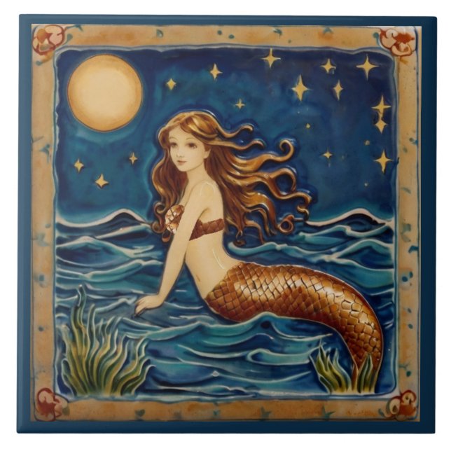 Night Mermaid Sea Ocean Fairytale Dark Blue Navy Ceramic Tile (Front)