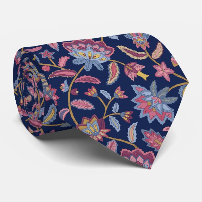 Night moody indian floral on dark blue neck tie (Rolled)