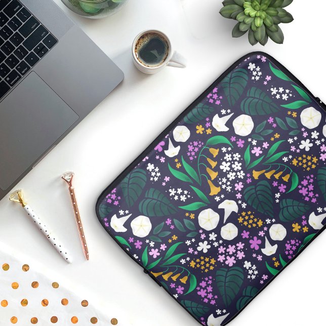 Night Moon Garden Floral Botanical Pattern Laptop Sleeve (Moon Garden Laptop Sleeve)