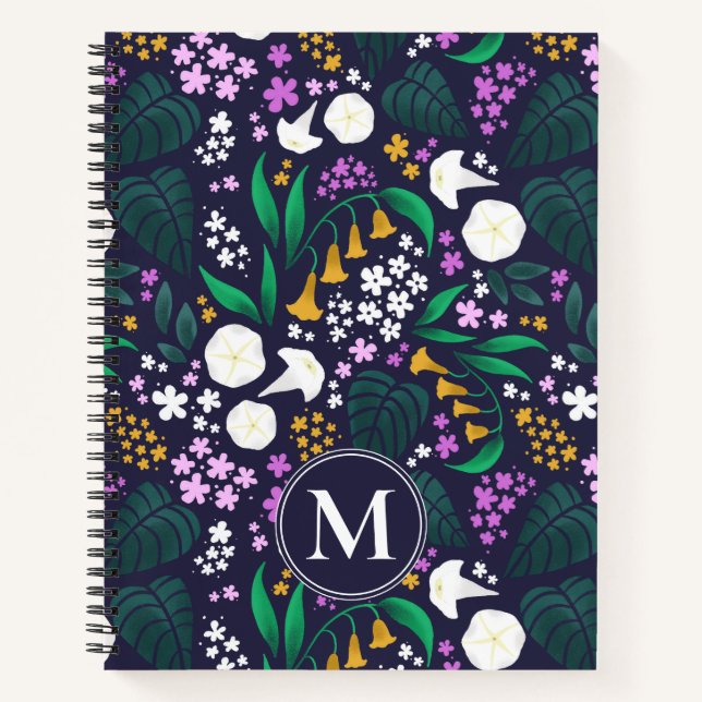 Night Moon Garden Floral Botanical Pattern Notebook (Front)