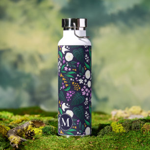 Night Moon Garden Floral Botanical Pattern Water Bottle