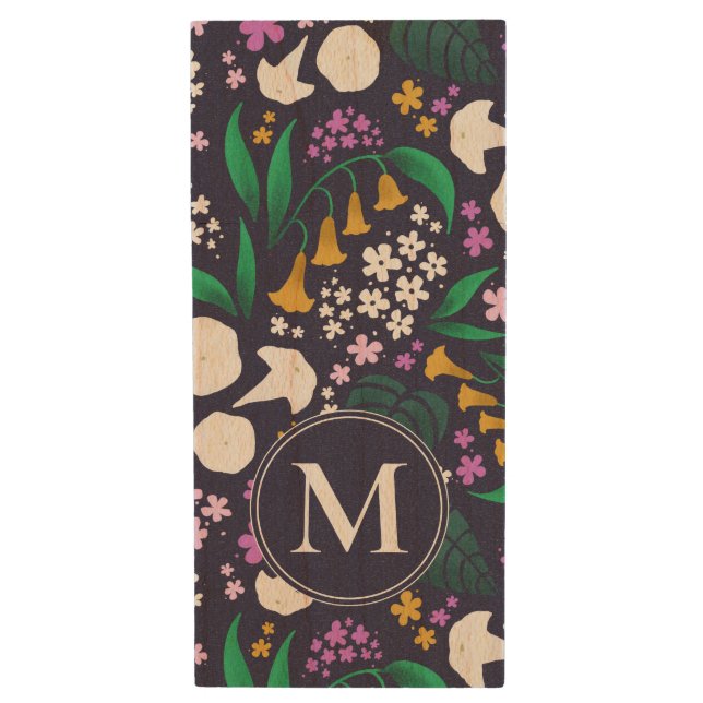 Night Moon Garden Floral Botanical Pattern Wood Flash Drive (Front Vertical)