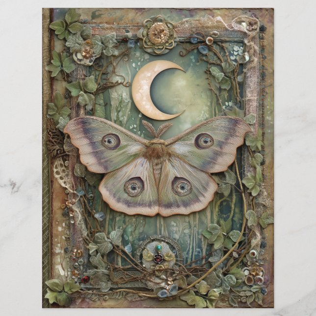 Night Moon Moth Junk Journal Scrapbook Paper (Front)