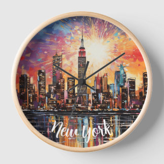 Night New York city, Watercolor, Colourful Modern Clock