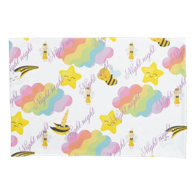 Night night pillow case with fun kids elements. (Front)