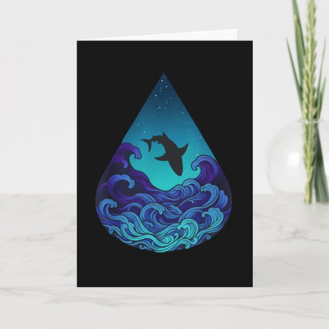 Night Ocean Shark Silhouette Teardrop Starry Sea Card (Front)