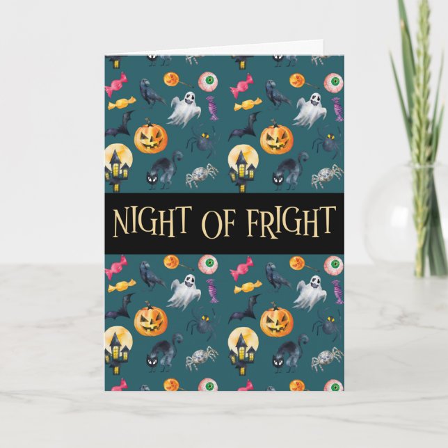 "Night of Fright" Green Halloween Pattern Card (Front)
