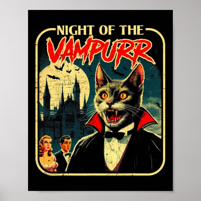 Night Of The Vampurr Funny Cat Halloween  Poster (Front)