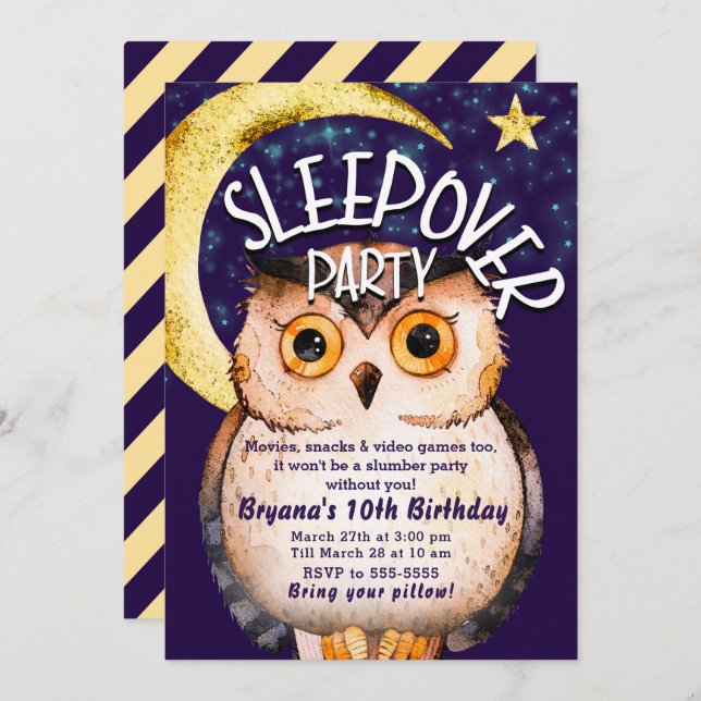 Night Owl Cute Purple Sleepover Slumber Party Invitation (Front/Back)
