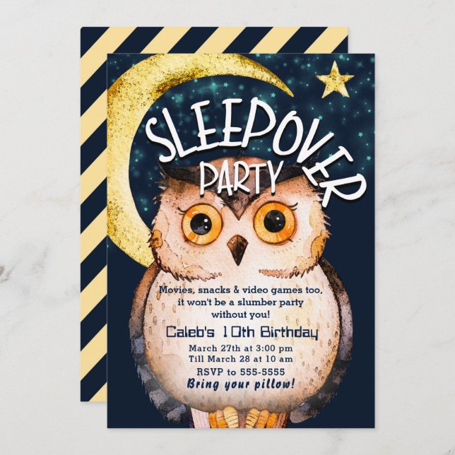 Night Owl Cute Sleepover Slumber Birthday Party Invitation (Front/Back)