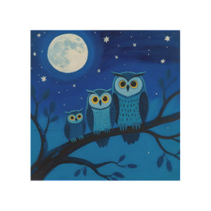 Night Owl Family Moonlit Sky Wood Wall Art