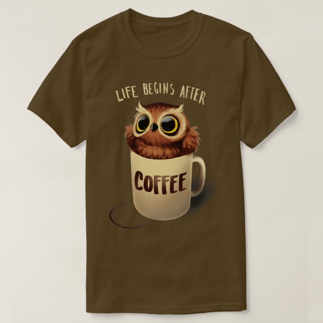 Night Owl Fluffy Cute Bird Morning Coffee T-Shirt (Design Front)