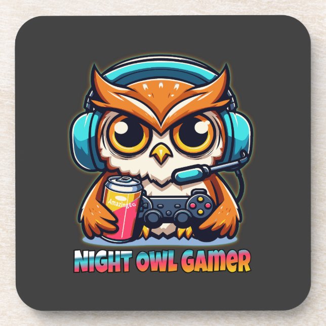 Night Owl Gamer Mascot Fun Gaming Illustration Beverage Coaster (Front)