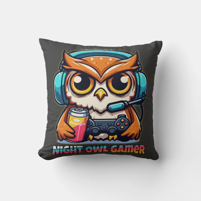 Night Owl Gamer Mascot Fun Gaming Illustration Throw Pillow (Front)