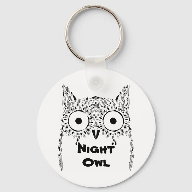 Night owl insomnia cute black and white keychain (Front)