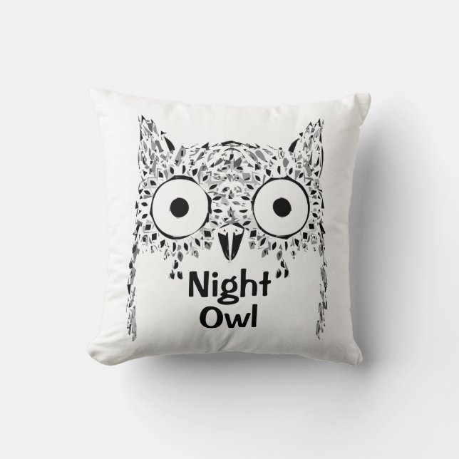 Night owl insomnia cute owl black white throw pillow (Front)