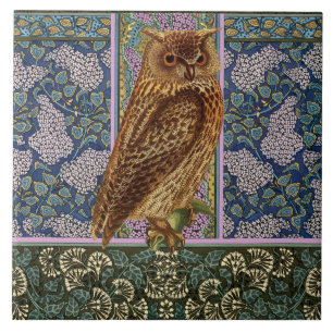 NIGHT OWL,LILACS AND LEAVES Art Nouveau Floral Ceramic Tile