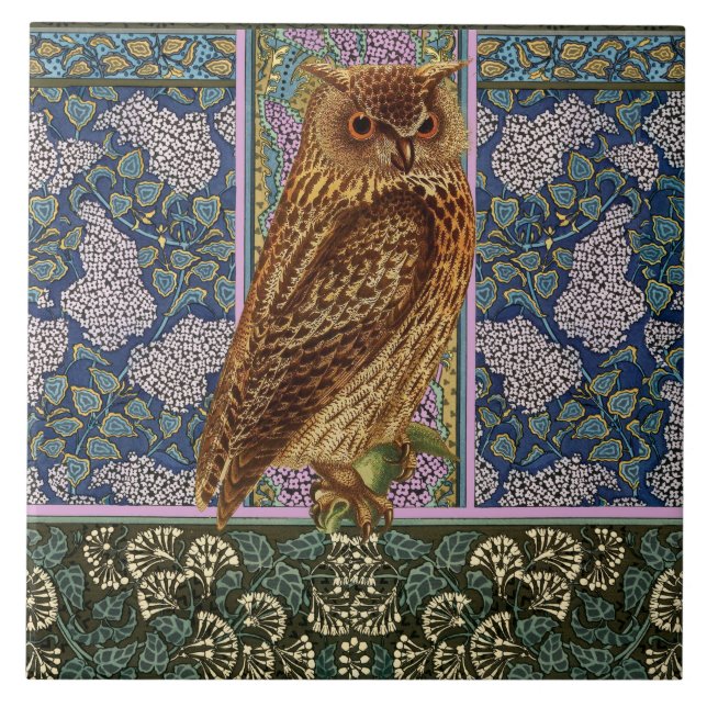NIGHT OWL,LILACS AND LEAVES Art Nouveau Floral Ceramic Tile (Front)