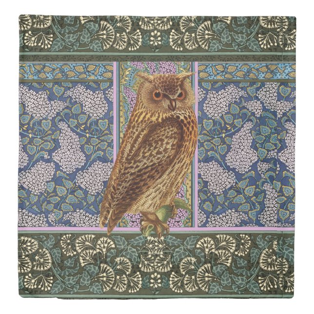 NIGHT OWL,LILACS AND LEAVES Art Nouveau Floral  Duvet Cover (Front)