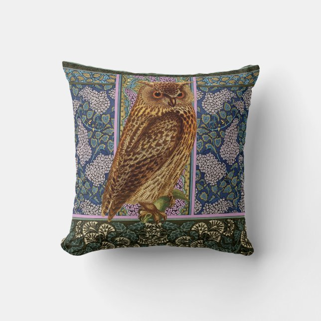 NIGHT OWL,LILACS AND LEAVES Art Nouveau Floral Throw Pillow (Front)