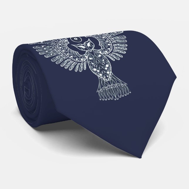 Night Owl Lineart Blue Neck Tie (Rolled)
