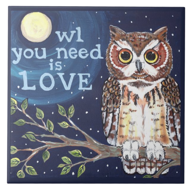 Night "Owl Love" Cute Humorous Owl Designer Tile (Front)