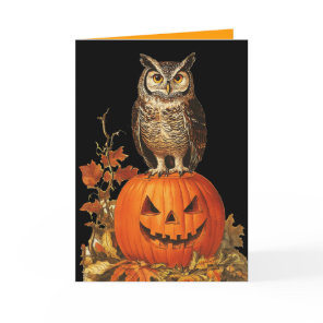 NIGHT OWL ON HALLOWEEN PUMPKIN AND AUTUMN LEAVES CARD