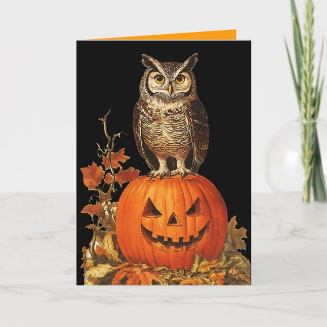 NIGHT OWL ON HALLOWEEN PUMPKIN AND AUTUMN LEAVES CARD (Front)