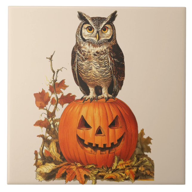 NIGHT OWL ON HALLOWEEN PUMPKIN AND AUTUMN LEAVES CERAMIC TILE (Front)