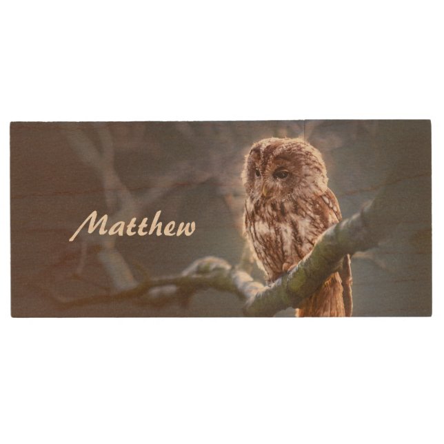 Night Owl Photo Add Name Dark Blue Wood Flash Drive (Front)