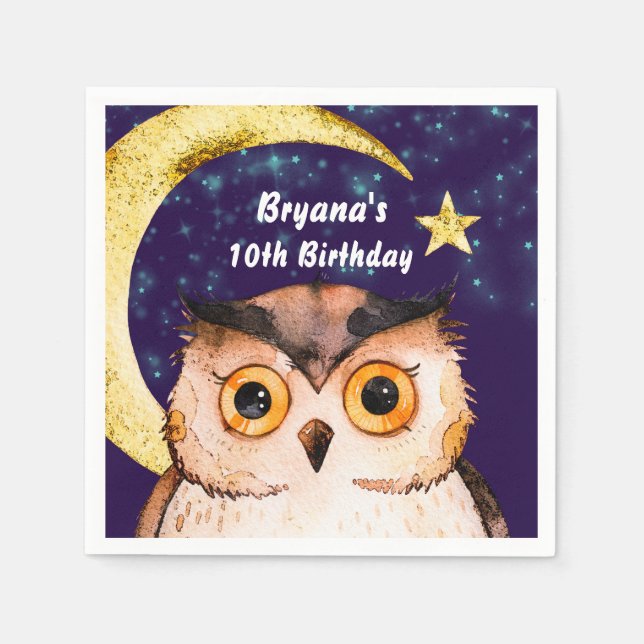Night Owl Purple Sleepover Slumber Birthday Party Paper Napkins (Front)