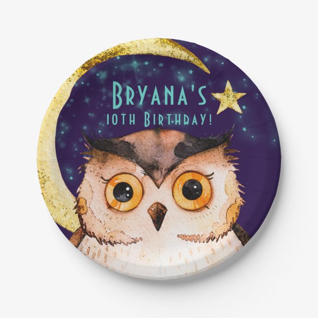 Night Owl Purple Sleepover Slumber Birthday Party Paper Plates (Front)