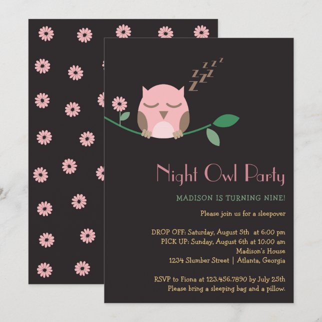 Night Owl Slumber Birthday  Party Invitation (Front/Back)