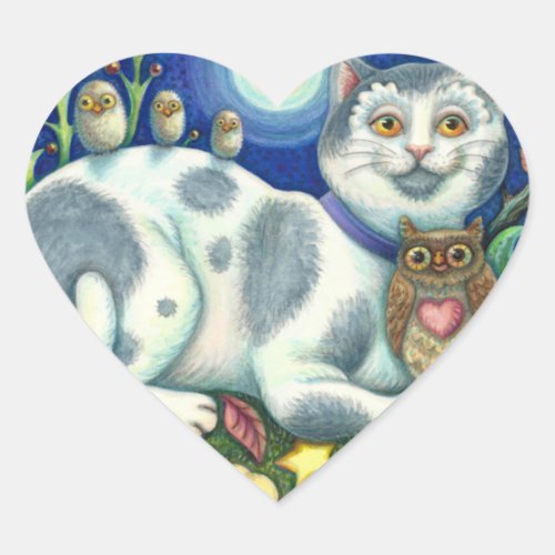 NIGHT OWLS, OWLETS AND PUSSYCAT FOLK ART Cat Heart Sticker