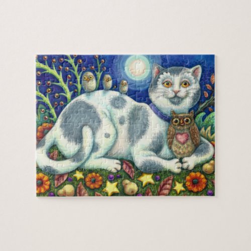 NIGHT OWLS, OWLETS AND PUSSYCAT, FOLK ART CAT JIGSAW PUZZLE