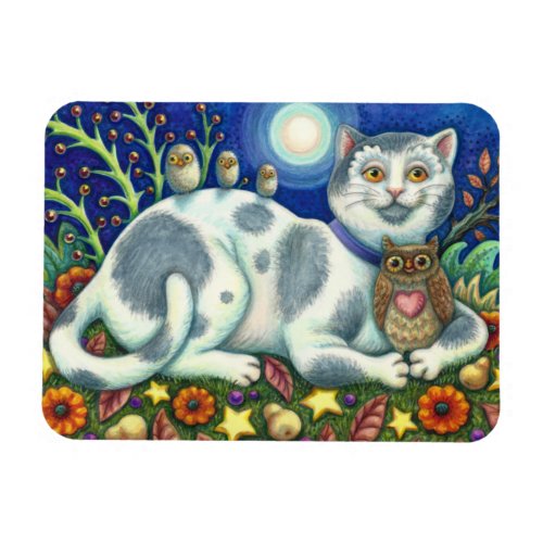 NIGHT OWLS, OWLETS AND PUSSYCAT, FOLK ART CAT MAGNET